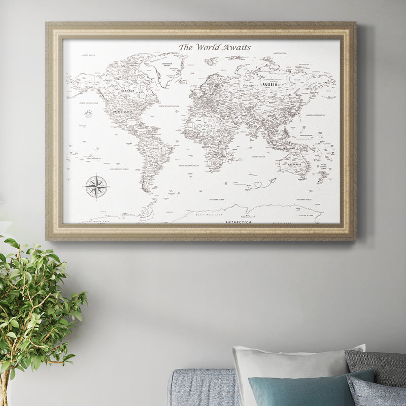 Carte de voyage à punaises - Carte du monde minimaliste encadrée sur toile, 26 x 40 - Taille intérieure, Étain antique