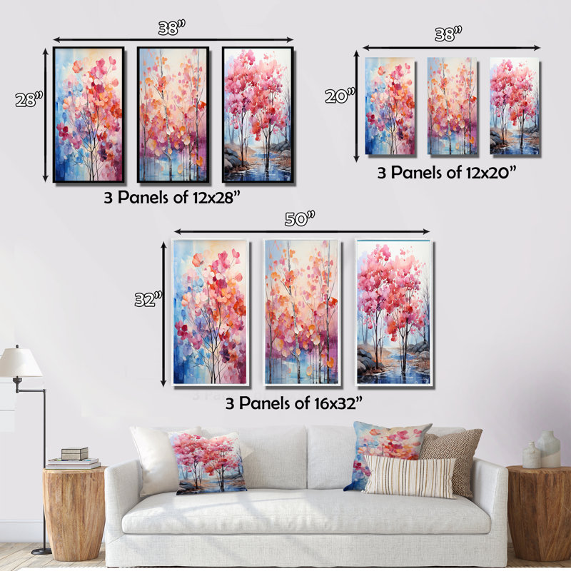 «Pink and Blue Trees Field Pointillism VI», 3 pièces sur toile, Toile tendue, H 28 po x l 36 po