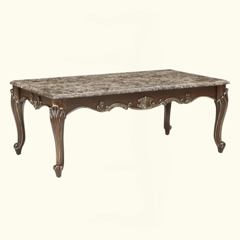 Formal Traditional Luxury 1Pc Marble Top Cocktail Table Cherry Finish With Gold Tipping Living Room Furniture