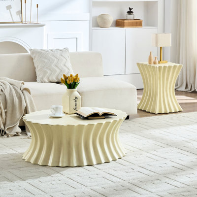 Table basse 34,31 po + 15,16 po en fibre de verre beige, design rétro, structure, sans assemblage, convient au salon, style et usure, assemblage requis