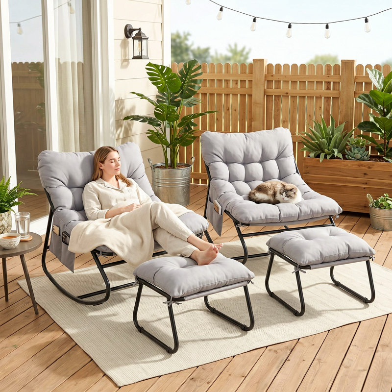 Outdoor Papasan Rocking Chair with Ottoman, Lounge Chair with Cushion & Sturdy Metal Frame, Patio Rocker Chair for Balcony Backyard Porch Bedroom, Gray