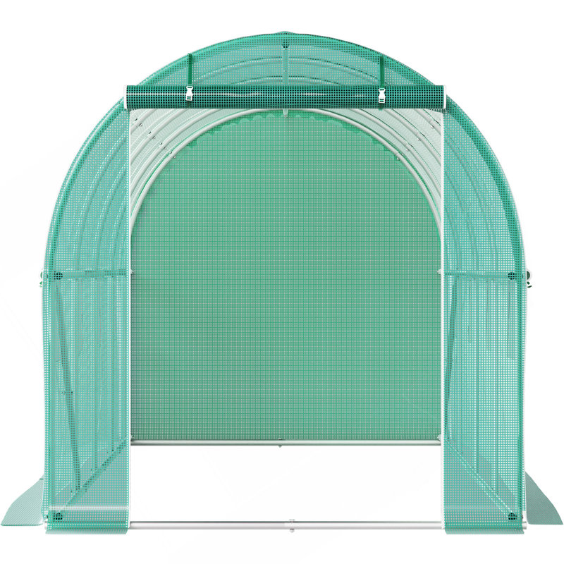 Walk-In Tunnel Greenhouse, 14.8 X 6.6 X 6.6 Ft Portable Plant Hot House W/ Galvanized Steel Hoops, 1 Top Beam, Diagonal Poles, Zippered Door & 8 Roll-Up Windows, Green