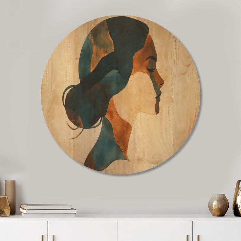 Muse en cuivre indigo - Portrait de femme - Tableau mural rond en bois, Rond 23 po, Rond