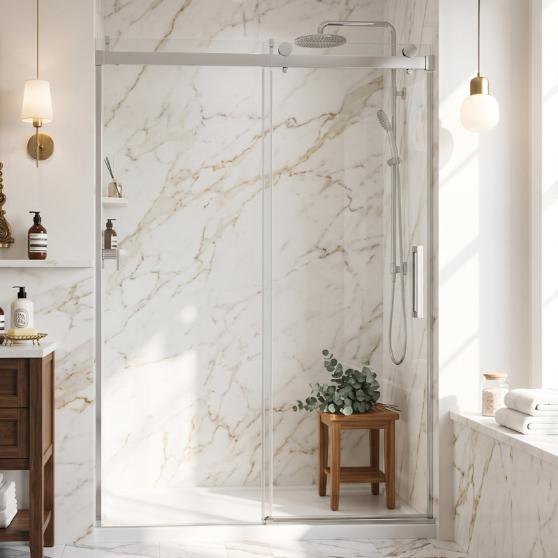 68 po x 72 po x H 76 po Portes de douche coulissantes simples sans cadre à fermeture en douceur avec tampon, installation réversible, porte en verre trempé épais de 3/8 po (10 mm) avec finition en nickel brossé