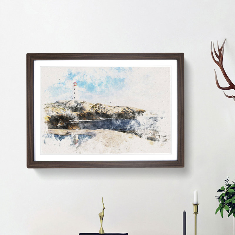 Lighthouse & Seascape in Canada - Picture Frame Painting Print, 36cm H x 48cm W x 2cm D, Walnut Framed
