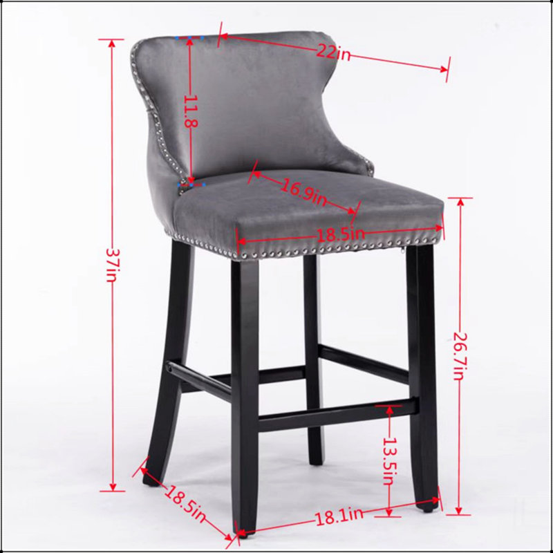 Tabourets de bar rembourrés de velours avec des boutons capitonnés et des pieds en bois, Bleu