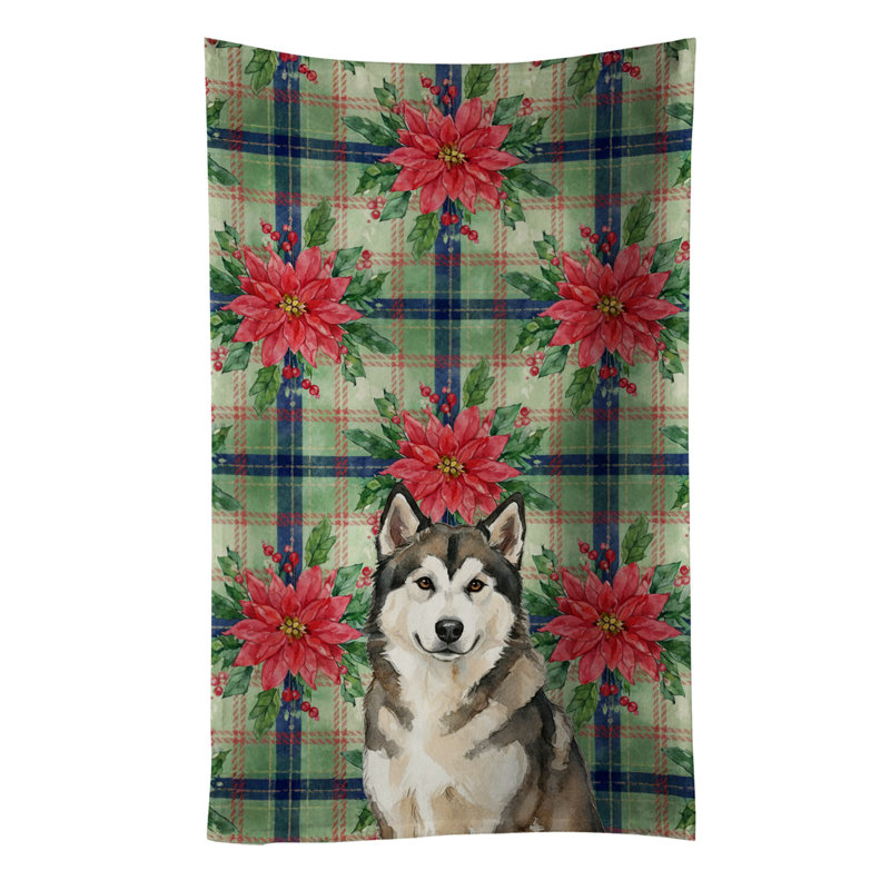 Sable and White Alaskan Malamute Christmas Poinsettas Kitchen Towel, Sable/White Alaskan Malamute