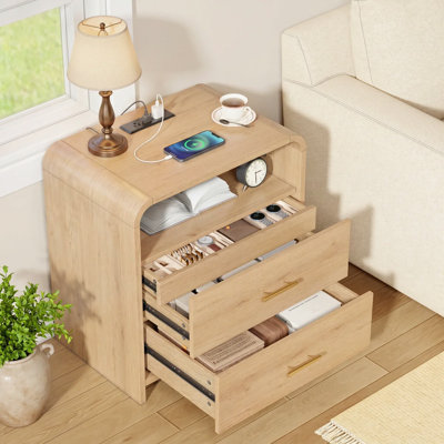 3 Drawers Nightstand with Open Storage & Hidden Drawer, 21.6" Wide Mid Century Modern End Table, Curved Profile Wood Bedside Table for Bedroom, Light Oak