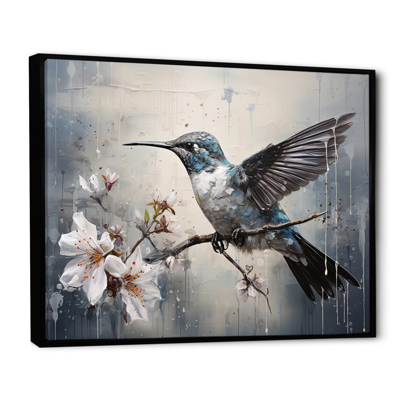 Colibri harmonie florale II sur toile, Cadre flottant noir, H 30 po x l 40 po