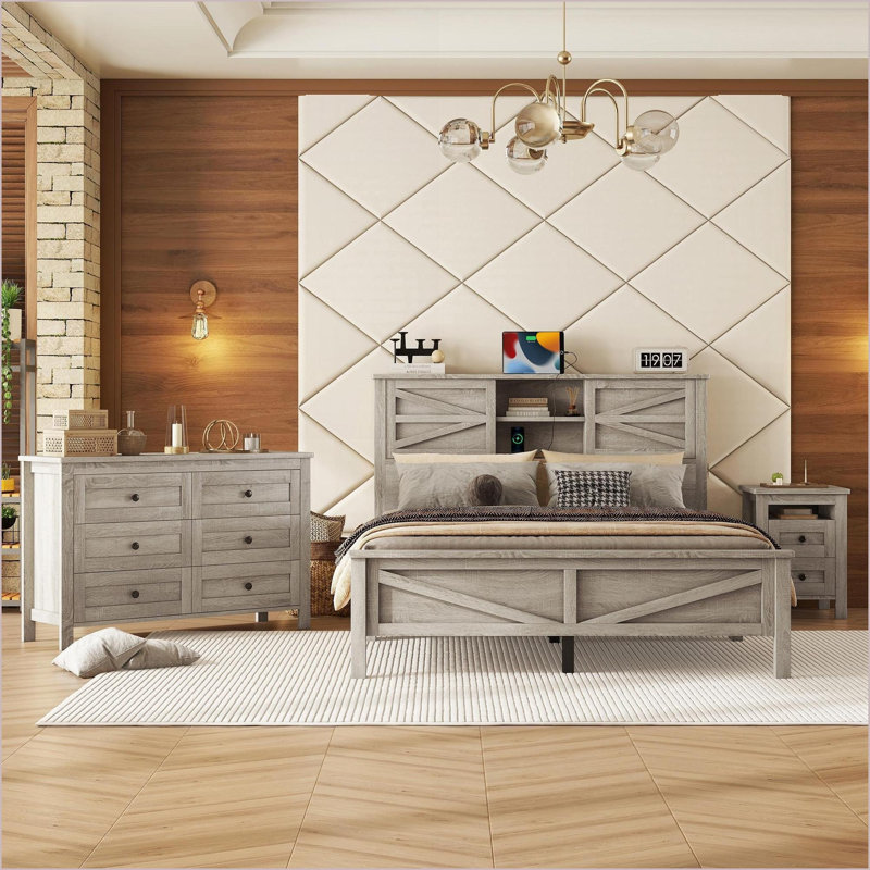 Ensemble de mobilier de chambre à coucher pour grand lit 3 pièces avec tête de lit et rangement Station de charge, table de chevet, commode | Gris ardoise | Panneau de particules