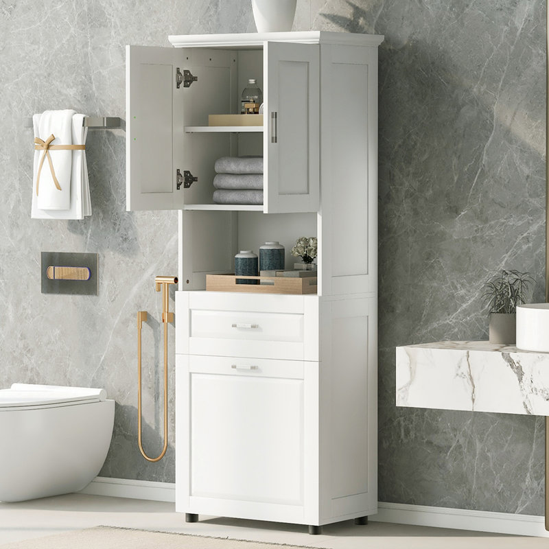 Large Storage Space Tilt-Out Laundry Hamper and Upper Storage Cabinet