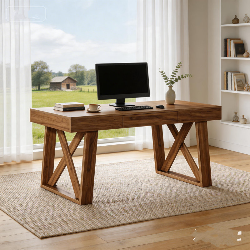 55 po Bureau de bureau rétro brun avec tiroir, bureau d'ordinateur moderne en bois, poste de travail robuste pour bureau personnel