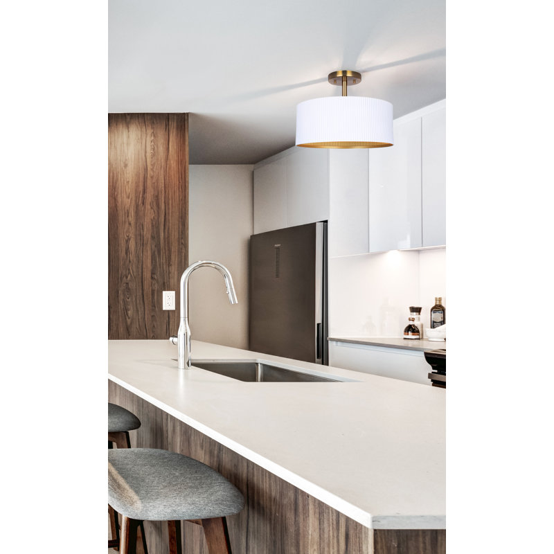 REXTON 13 In. 2-Light 60-Watt Contemporary Matte White Semi-Flush Mount With Matte White With Gold Metal Shade