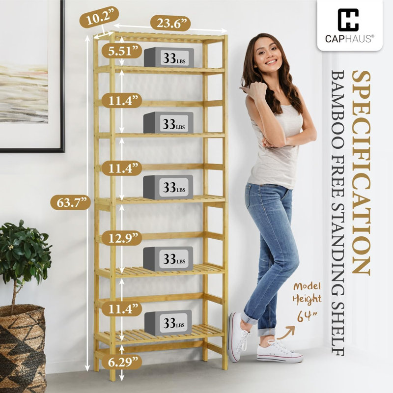 Étagère en bambou à 6 niveaux avec couche réglable pour salle de bain, chambre à coucher, cuisine, bois naturel, Beige