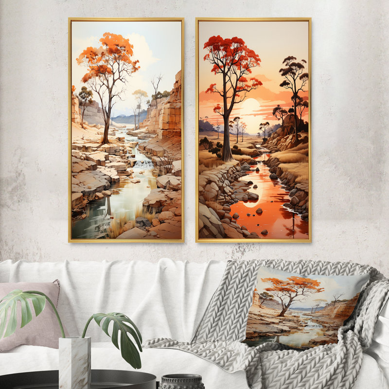 «Beige Orange African Valley», 2 pièces sur toile, Encadrement doré, H 32 po x l 32 po