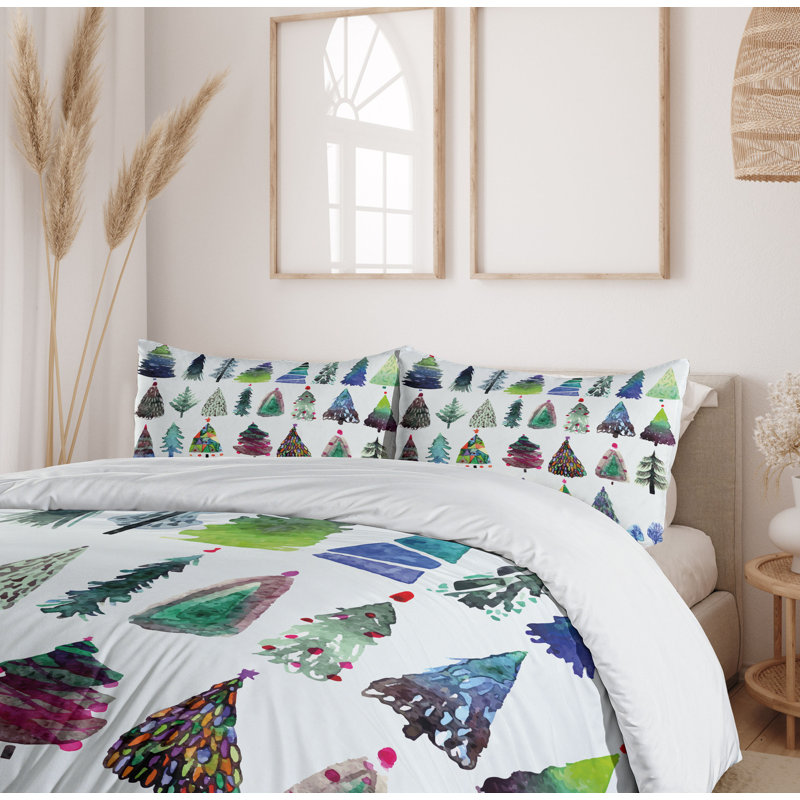 King Size Watercolor Christmas Fir Trees Duvet Cover Set
