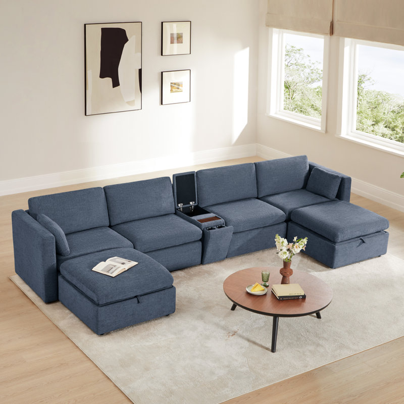 Winfree 6- Piece Upholstered Sectional With Console, Blue Polyester