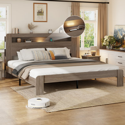 Wooden Bed Frame With Storage Headboard