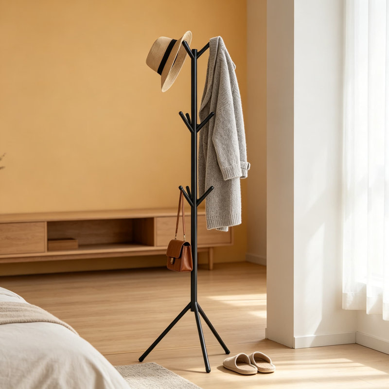 Portemanteau en métal avec conception de branche d'arbre, support à crochets imperméable pour la salle de bain et le vestibule, support de base triangulaire stable pour vêtements et chapeaux