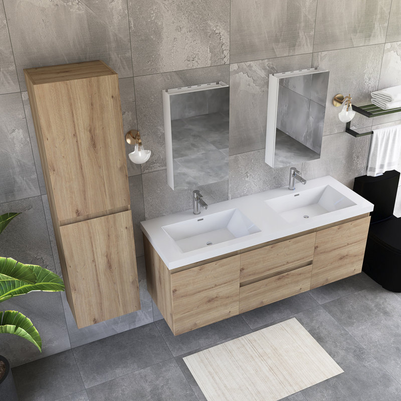 Ensemble de meuble-lavabo double 60 po avec plateau en résine 60 po, Chêne