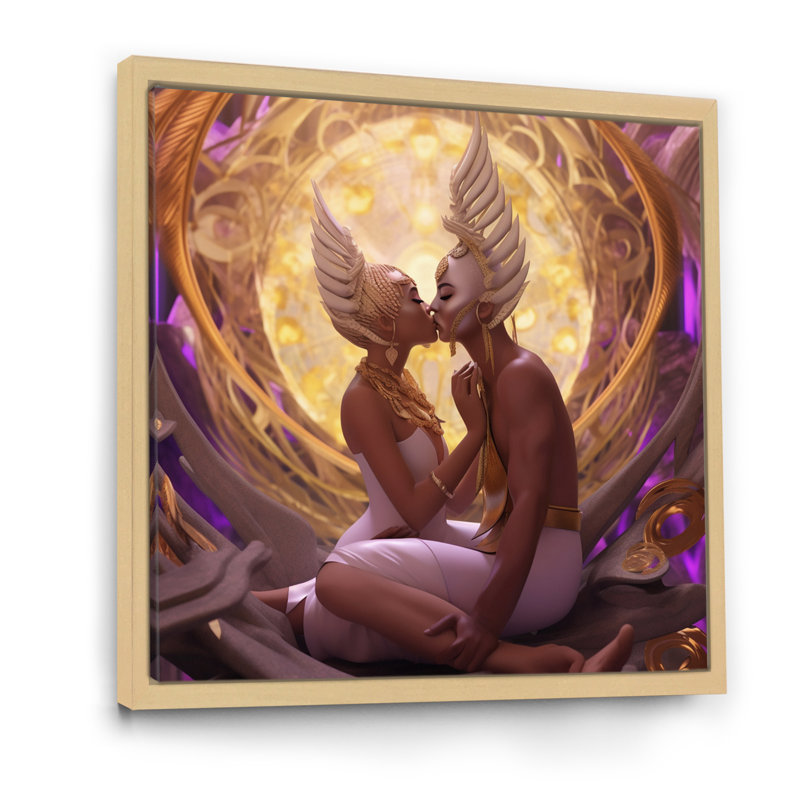 «Divine Love Goddess Couple Kissing», reproduction sur toile, H 30 po x l 30 po x P 1 po, Cadre flottant brun