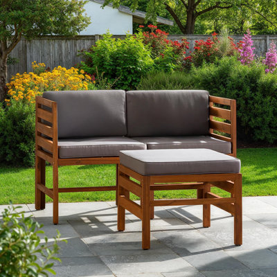 Acacia Patio Sofa with Cushions and Ottoman