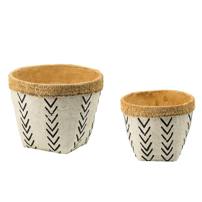 Of 2 White And Brown Planters Made From Cement With Black V Design, Large 10.2X10.2X7.9 In, Small 7.9X7.9X6.7 In - Elevate Your Floral Arrangements In Modern Environments Two Adorned Pattern, Suit