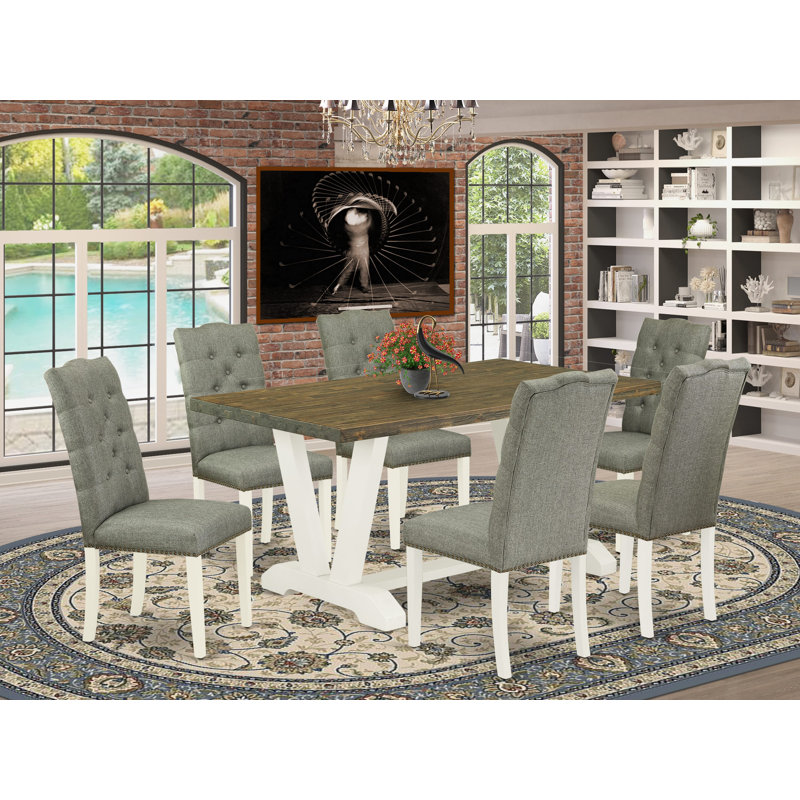 7-Piece Dining Table Set Consists of a Distressed Jacobean Dining Table and 6 Smoke Linen Fabric Upholstered Chairs with Button Tufted Back - Wire Brushed Linen White.