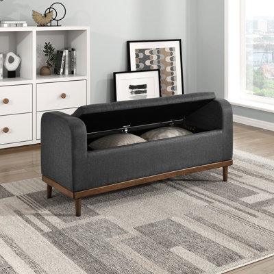 Banc rembourré gris foncé Mid-Century avec rangement, finition en bois de noyer massif, fabrication de meubles de chambre à coucher,