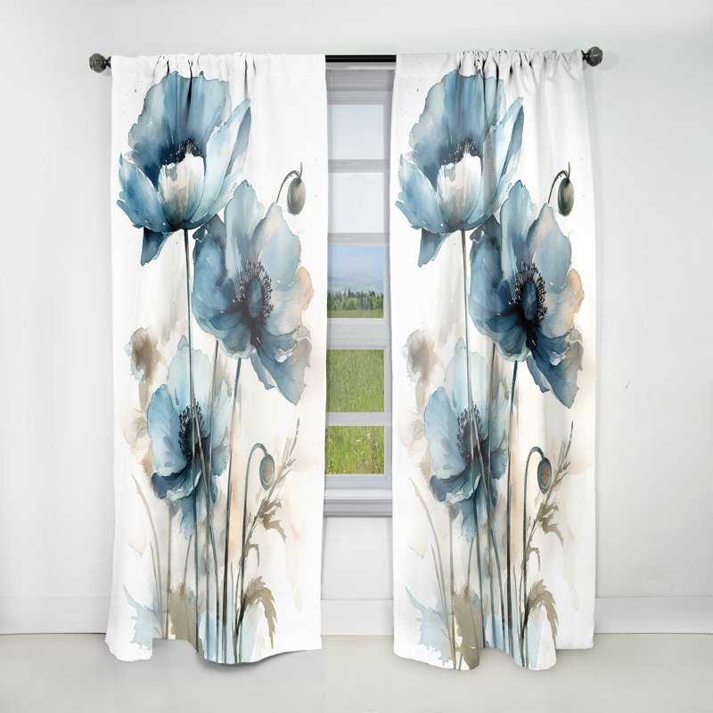Galeno Black And Blue Poppy Flowers Bouquet - Boho Pottery Curtain - Velvet Room Darkening - 1 Panel, 52" W x 84" L