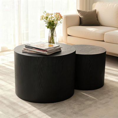 Nesting Coffee Table Set Of 2, Modern Round Coffee Table With Non-Slip Feet, Wood Side Table For Living Room, Bedroom, Office, Balcony, Terrace,Small Space, No Assembling, Matte Black
