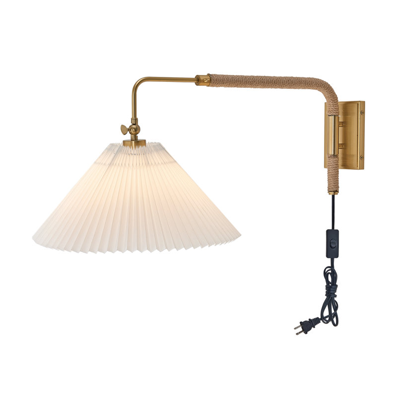 16" 1-Light Plug-in Wall Sconce Swing Arm Sconce with Fabric Shade, Pull String Switch