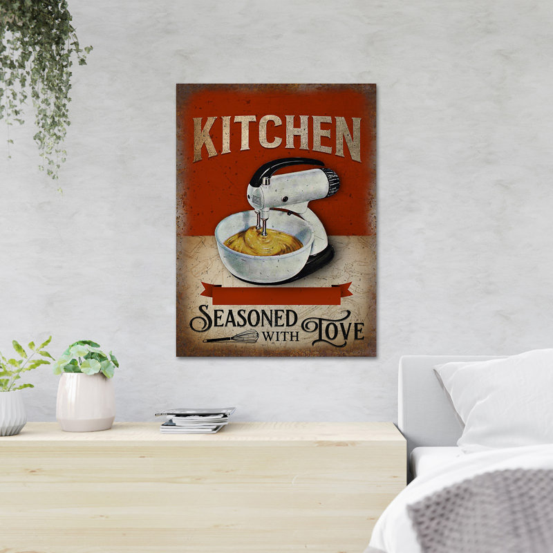 Mélangeur de farine blanche sur fond rouge - "Kitchen Seasoned With Love", impression rectangulaire sur toile tendue 1 pièce