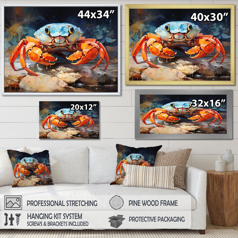 Crab Coastal Guardian Collage - Animals Wall Art Living Room, H 16 po x l 32 po x P 1 po, Toile tendue