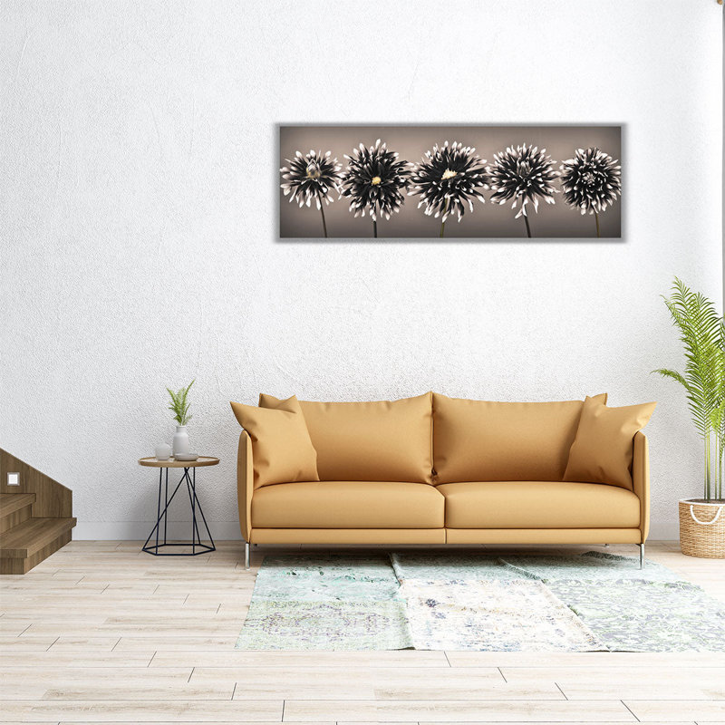 Cinq dahlias d'affilée en noir et blanc - reproduction d'art sur toile, H 8 po x l 24 po
