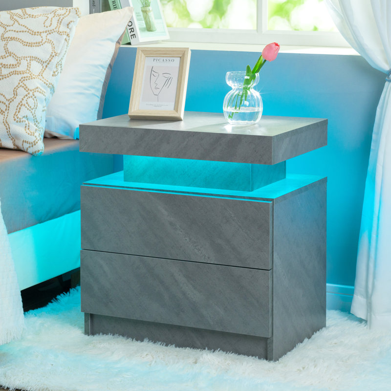 LED Bedside Table with 2 Drawers, Bedside Table with LED Lights for Bedroom, Grey/Brown/Blue