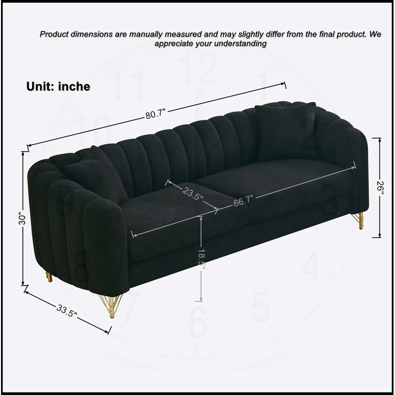 Canapé surdimensionné 86 en chenille 86, canapé profond 3 places de luxe, conception capitonnée moderne, pieds en métal doré pour le salon, la chambre à coucher, appartement (noir)