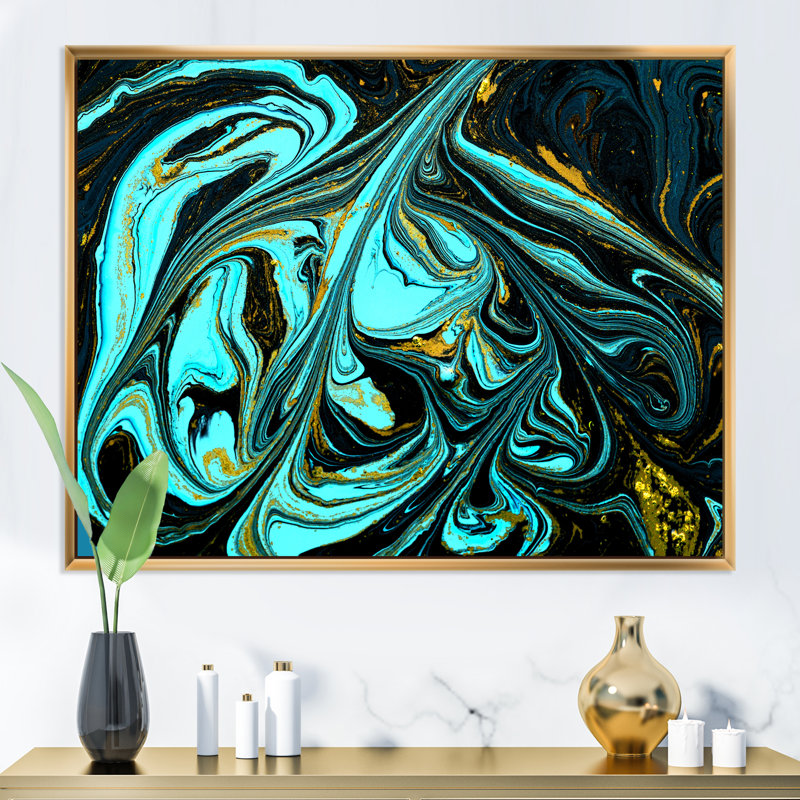 Art abstrait marbré turquoise abstrait - décoration murale moderne en toile, H 30 po x l 40 po x P 1,5 po