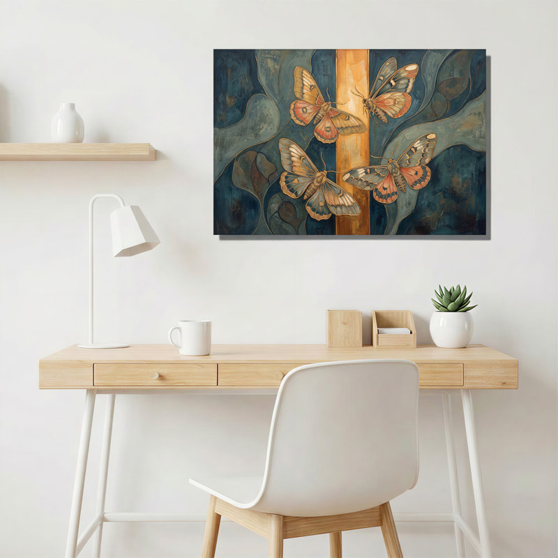 Tableau mural sur toile à fond texturé bleu et or représentant quatre papillons de nuit, 12"H x 18"W
