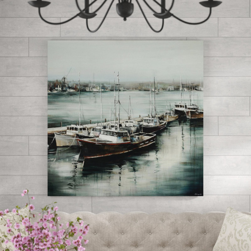 «Morning on the Dock» par Sydney Edmunds - Peinture, H 47 po x l 47 po, Image au pinceau gel