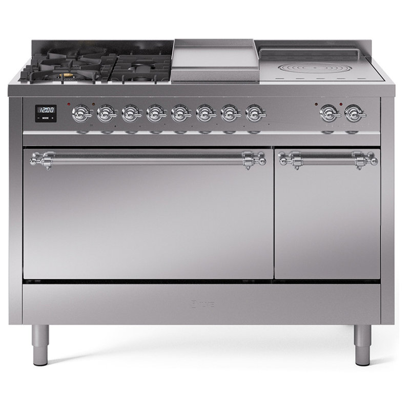 ILVE Nostalgie II 48 in Dual Fuel Range, 5 Burner, Griddle, Frenchtop, Stainless Steel/Chrome, Liquid Propane