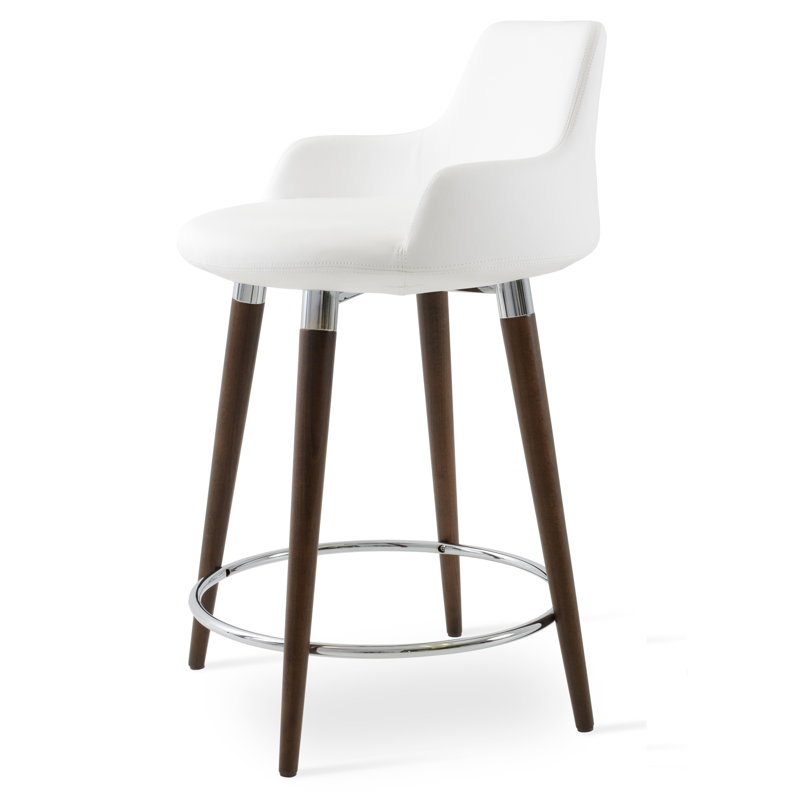 Tabouret de bar et de comptoir Dervish, Noyer américain, Cuirette blanche, Tabouret de comptoir (siège d'une hauteur de 24,5