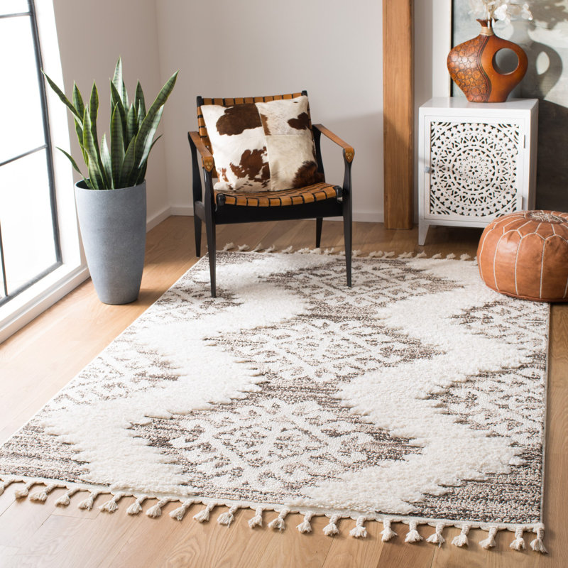 ImraanMoroccan Tassel Shag Performance Ikat Rug, Brown/Ivory, Rectangle 8' x 10'