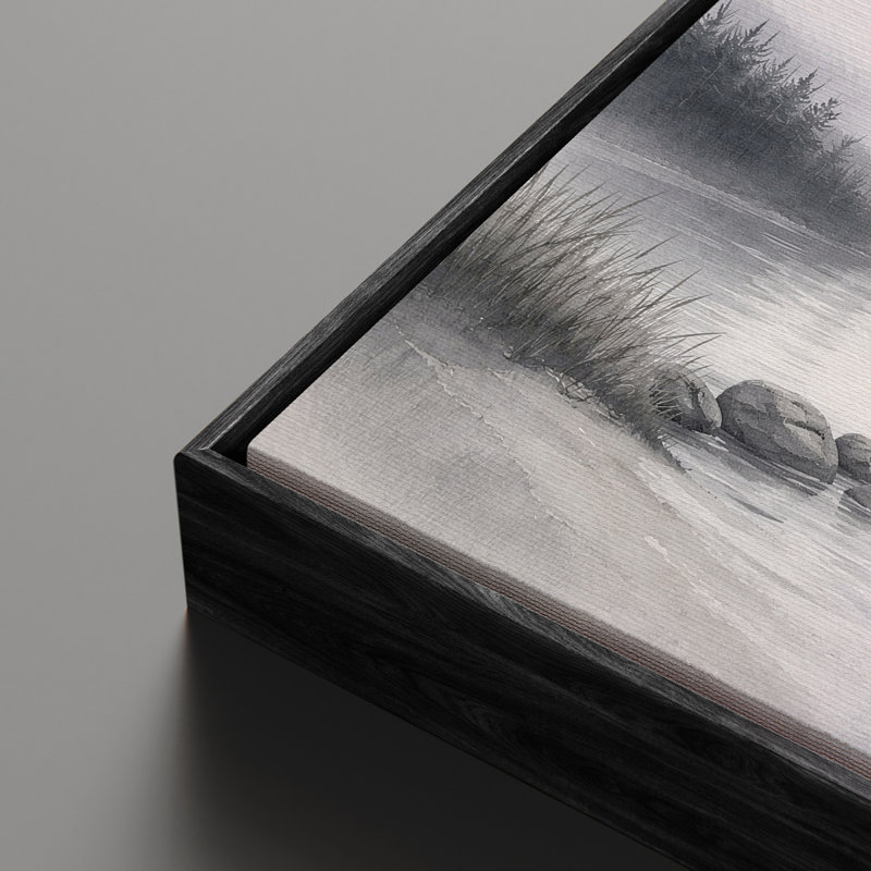 «Quiet Lakeside Shore with Misty Hills and Soft Reflections», art mural encadré, H 16 po x l 24 po, Noir