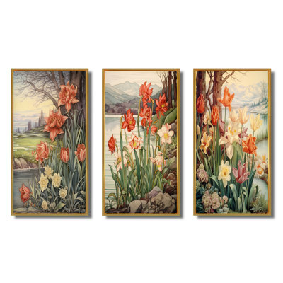 «Red Tulips Blooming Retro Illustration II», 3 pièces
