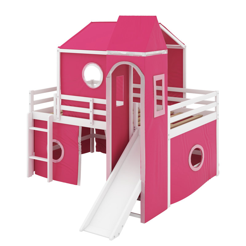 Lit mezzanine double avec tente coulissante et tour, Rose
