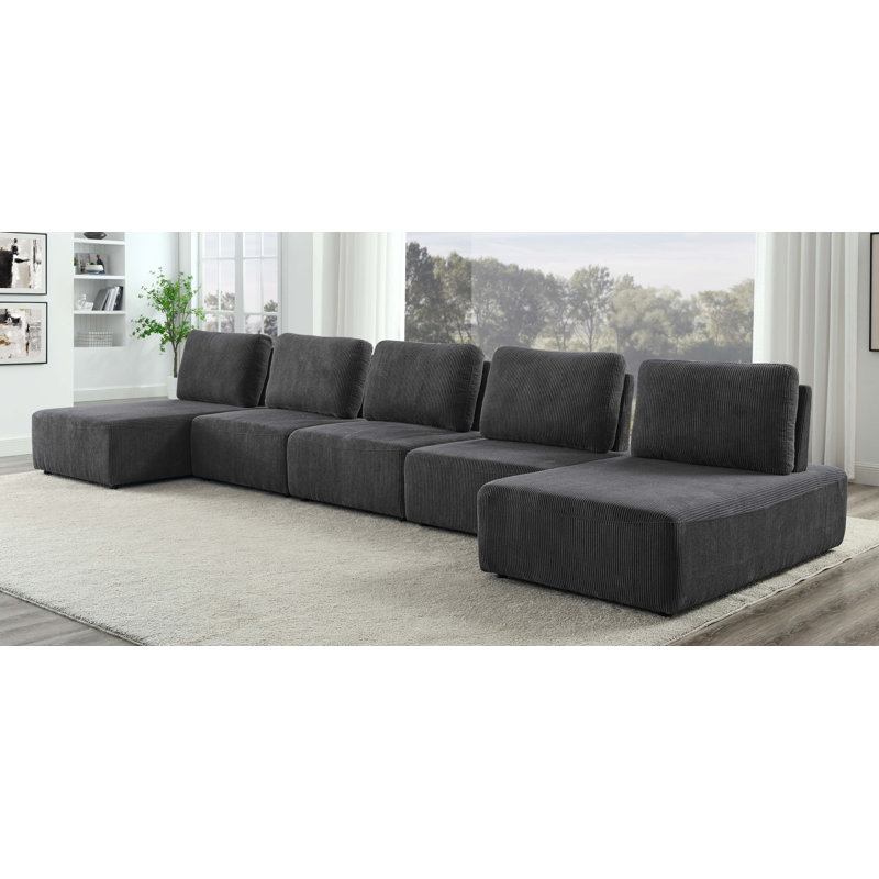 Corduroy U-Shaped Sectional Symmetrical, Dark Gray Corduroy, 35.5" H x 195" W x 66.5" D