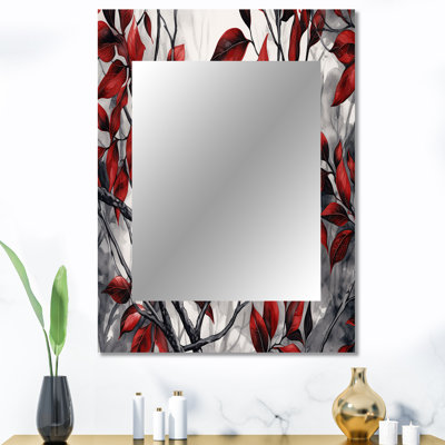 «Red Grey Leaves On Tree VI» - miroir floral, miroir mural décoratif traditionnel, impression d'art en métal
