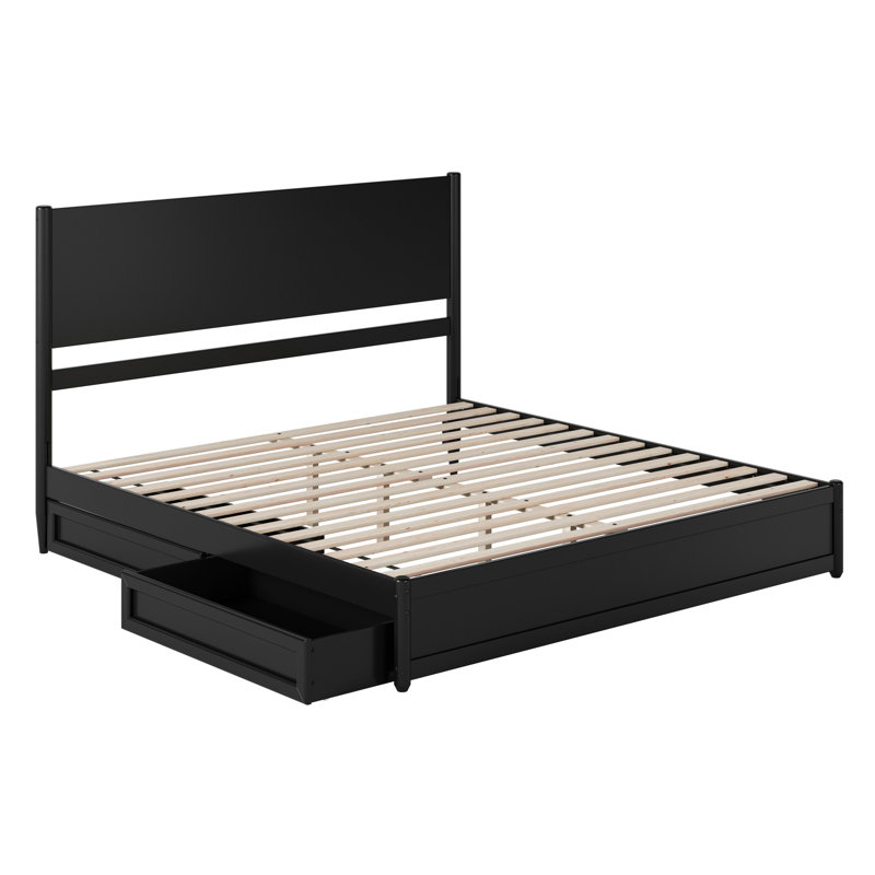 Lit plateforme en bois avec pied de lit et tiroirs de rangement Ronan, Très grand lit, Noir