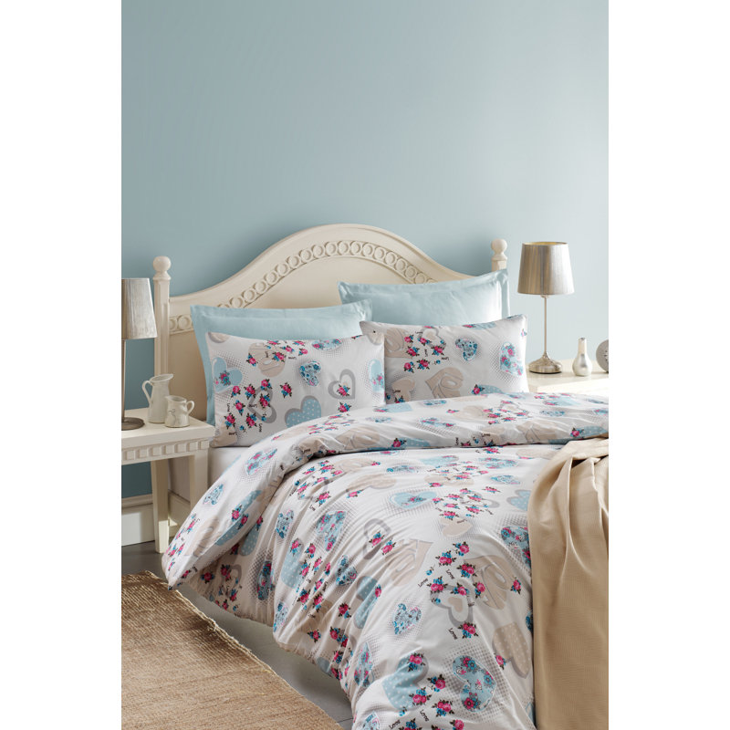 Cotton Toile Duvet Cover, Mint/White/Pink